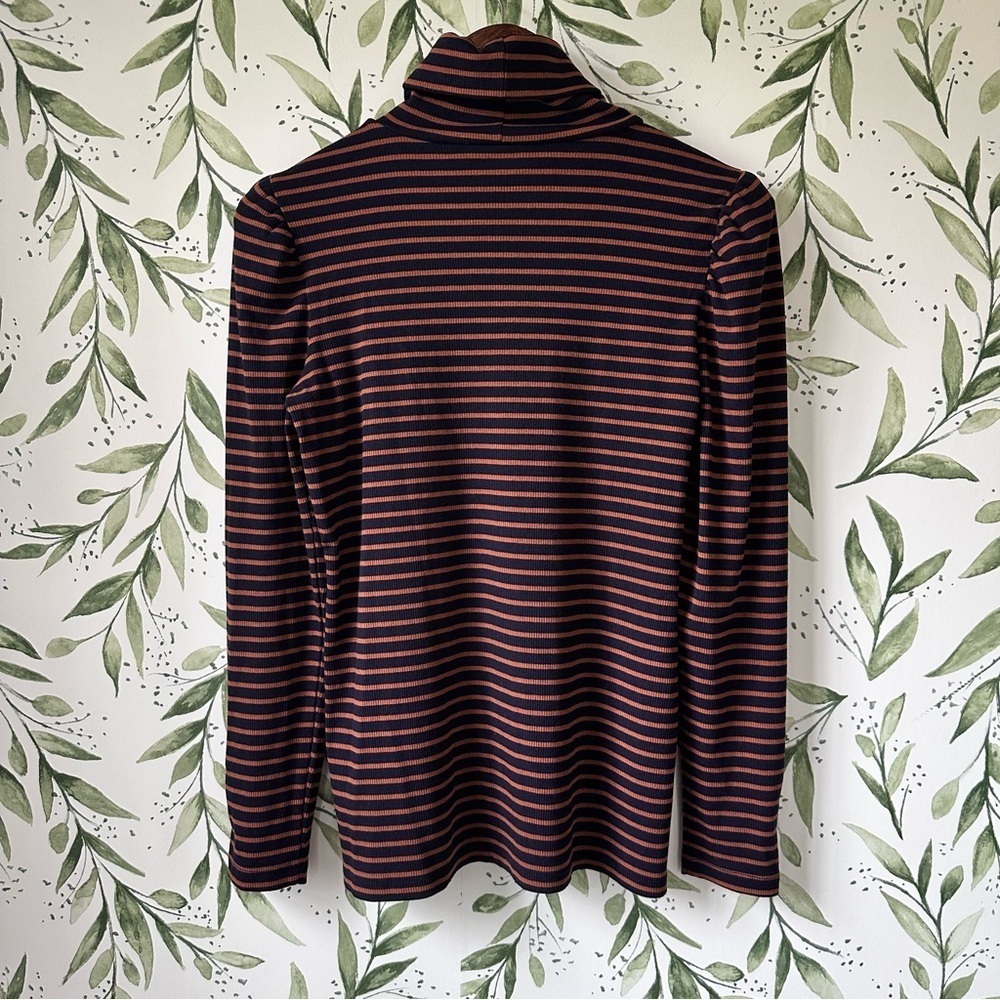 Talbots striped turtleneck with puffed shoulders. Navy/Brown. Size small. - Picture 3 of 8